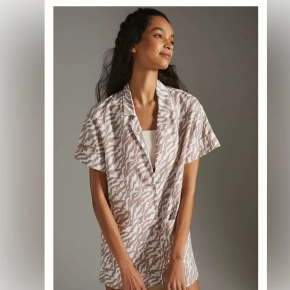 Anthropologie Amadi Zebra Stripe Safari Mini Shirt Dress Brown/White Med - Picture 2 of 16